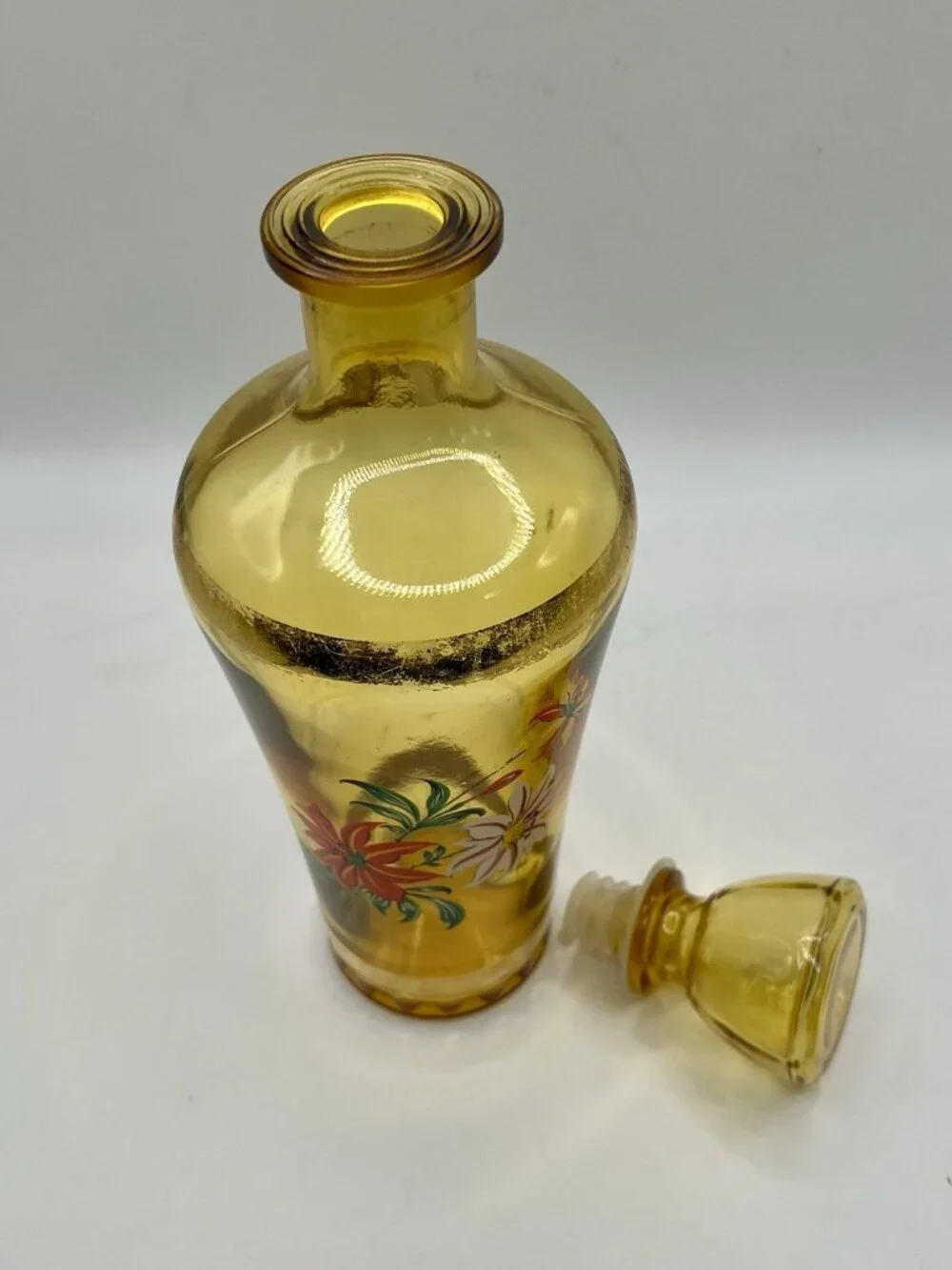 Vintage Mid Century Amber Glass Decanter Floral Bottle Barware MCM Retro Boho